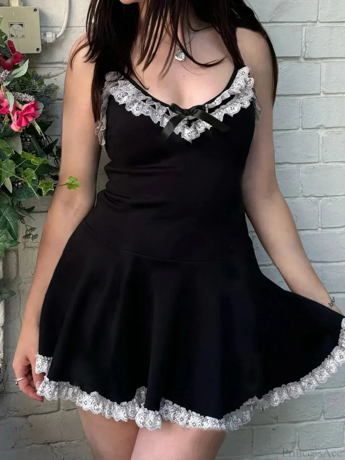 Lace Trim Bow Sweetheart Spaghetti Strap Skater Mini Dress