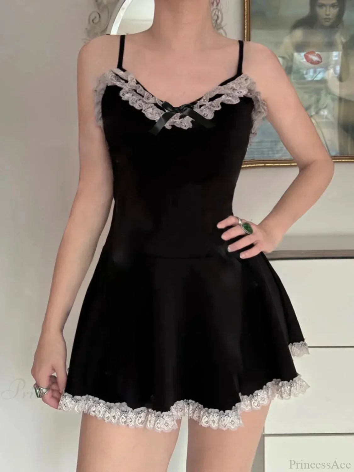 Lace Trim Bow Sweetheart Spaghetti Strap Skater Mini Dress