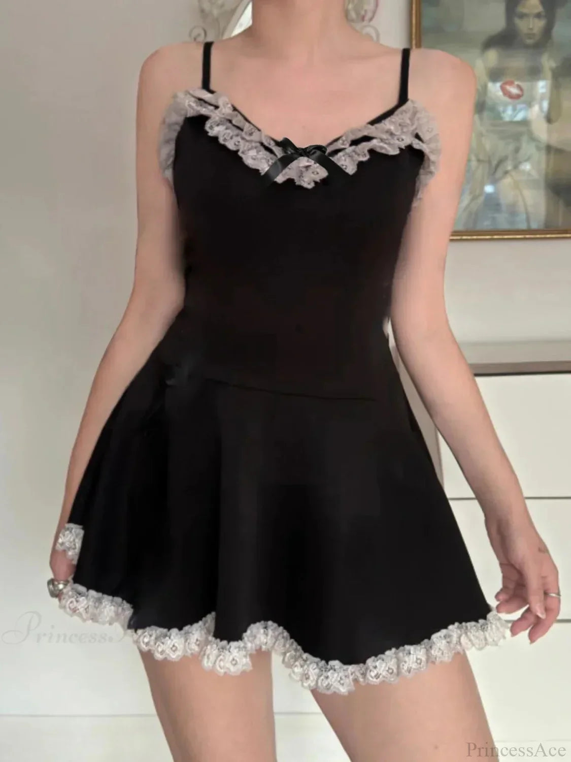 Lace Trim Bow Sweetheart Spaghetti Strap Skater Mini Dress
