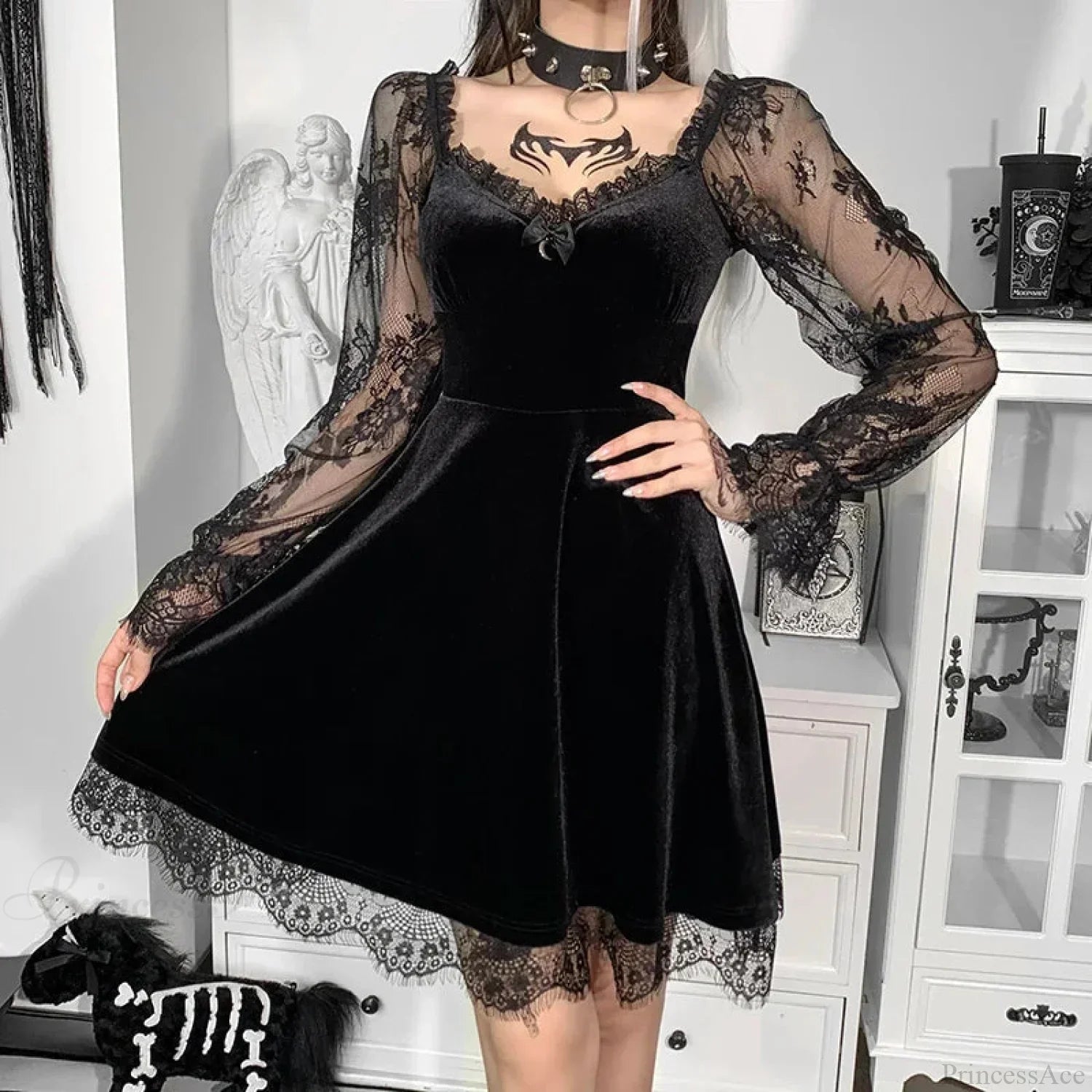 Velvet Sweetheart Lace Sleeve A-Line Lace Hem Mini Dress