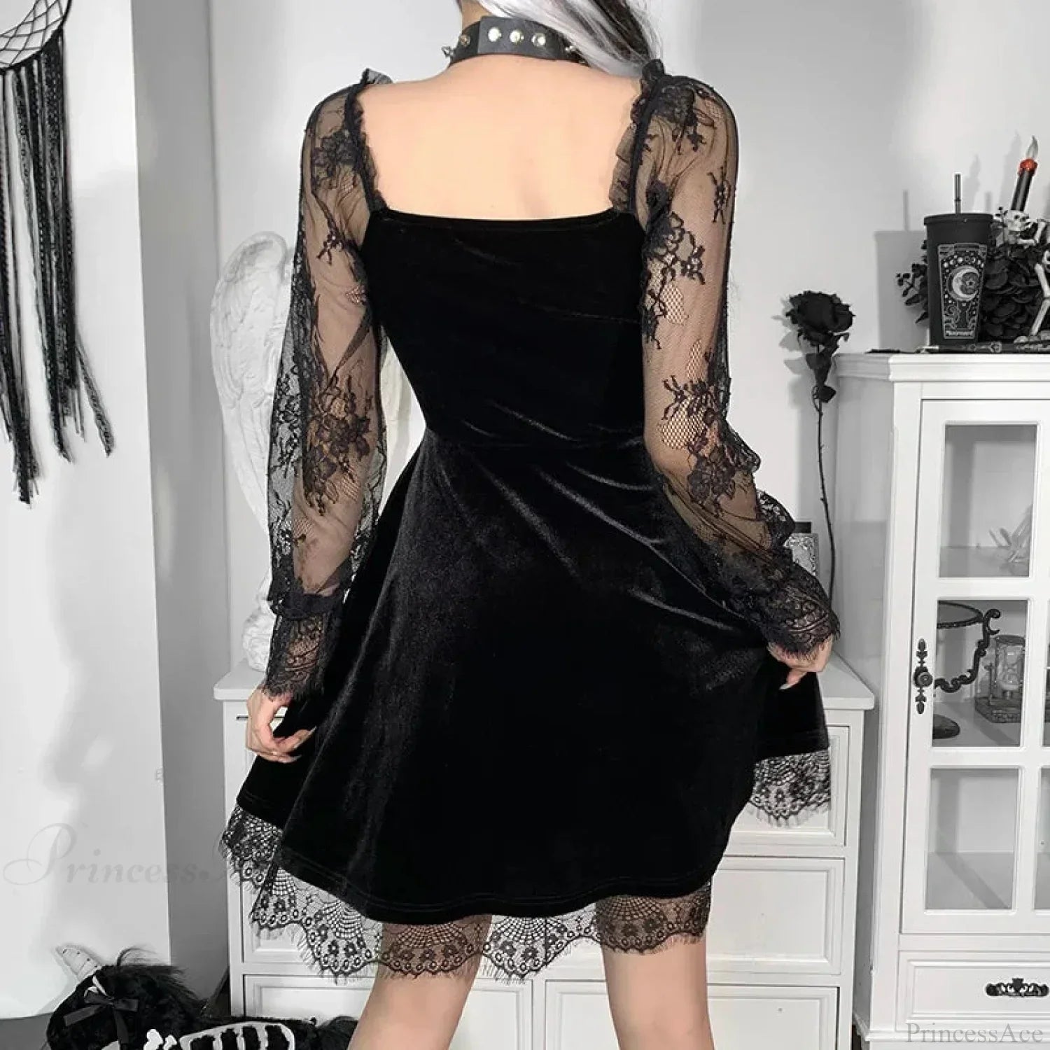 Velvet Sweetheart Lace Sleeve A-Line Lace Hem Mini Dress