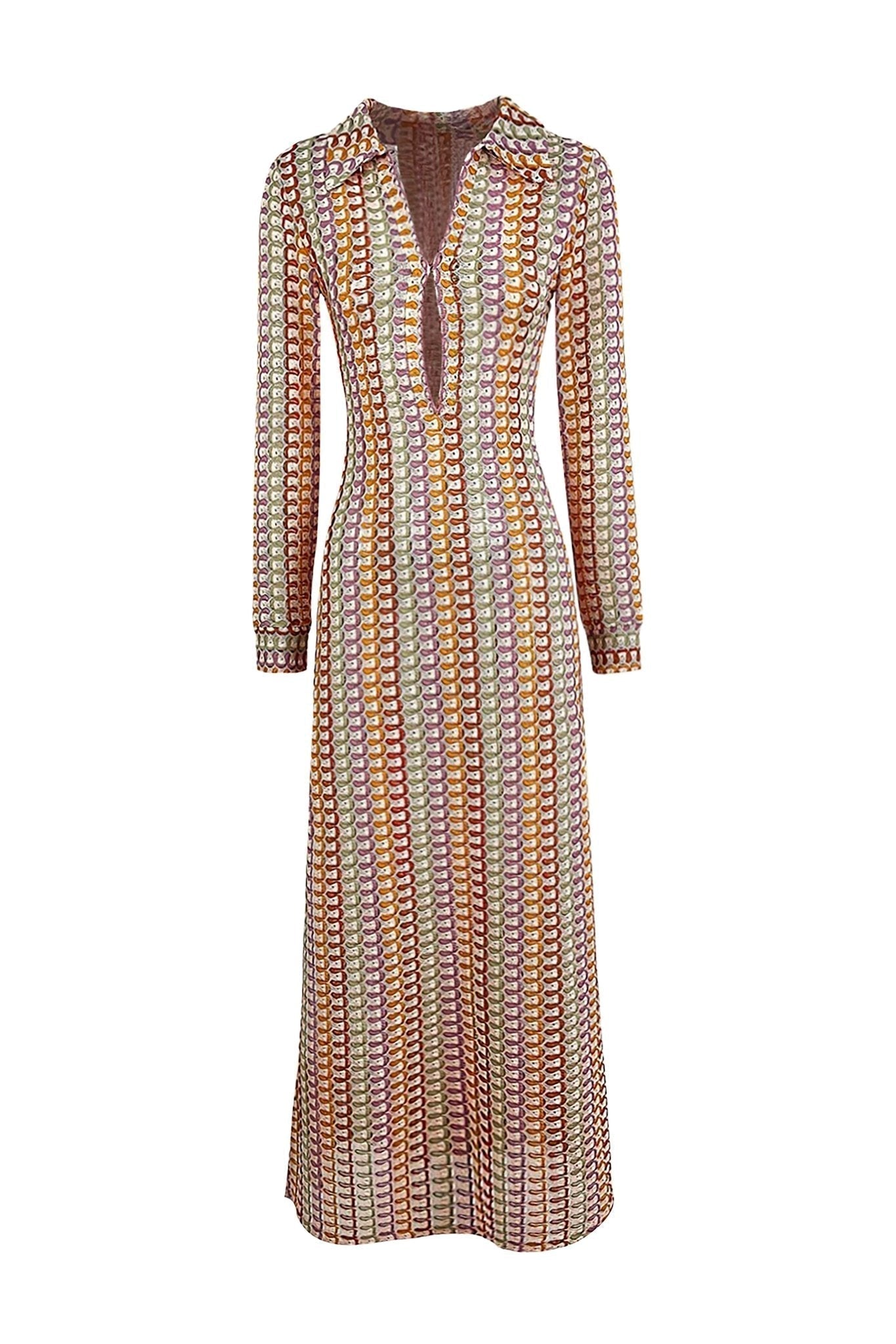 Crochet Collar Deep V-Neck Long Sleeve Open Knit Midi Dress