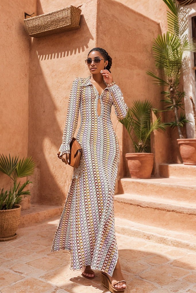Crochet Collar Deep V-Neck Long Sleeve Open Knit Midi Dress