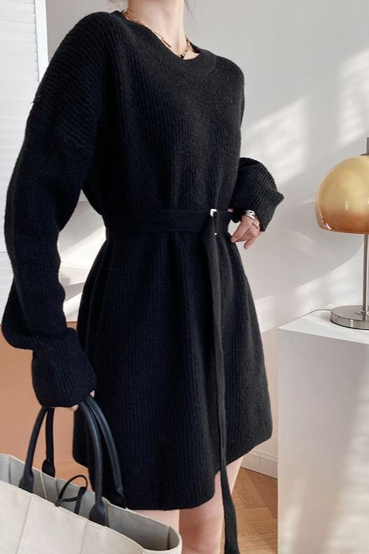 Rib Knit Belted Square Buckle Balloon Sleeve Sweater Mini Dress