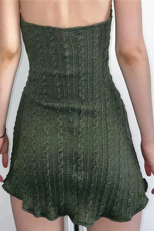 Cable Knit Halter Keyhole Tie Front Bodycon Mini Dress