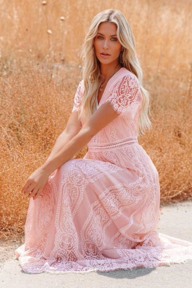 Deep V Neck Lace Cap Sleeve Empire Waist Scalloped Hem Maxi Dress