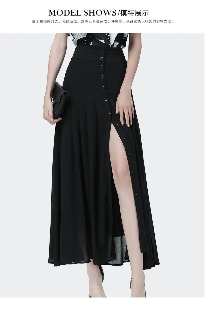 Elegant Mid-length Skirt All-match High-waist Sexy Button Slit Mesh Long Gauze Skirts for Women Summer Pleated Skirts Black 7 Elegant Mid-length Skirt All-match High-waist Sexy Button Slit Mesh Long Gauze Skirts for Women Summer Pleated Skirts Black