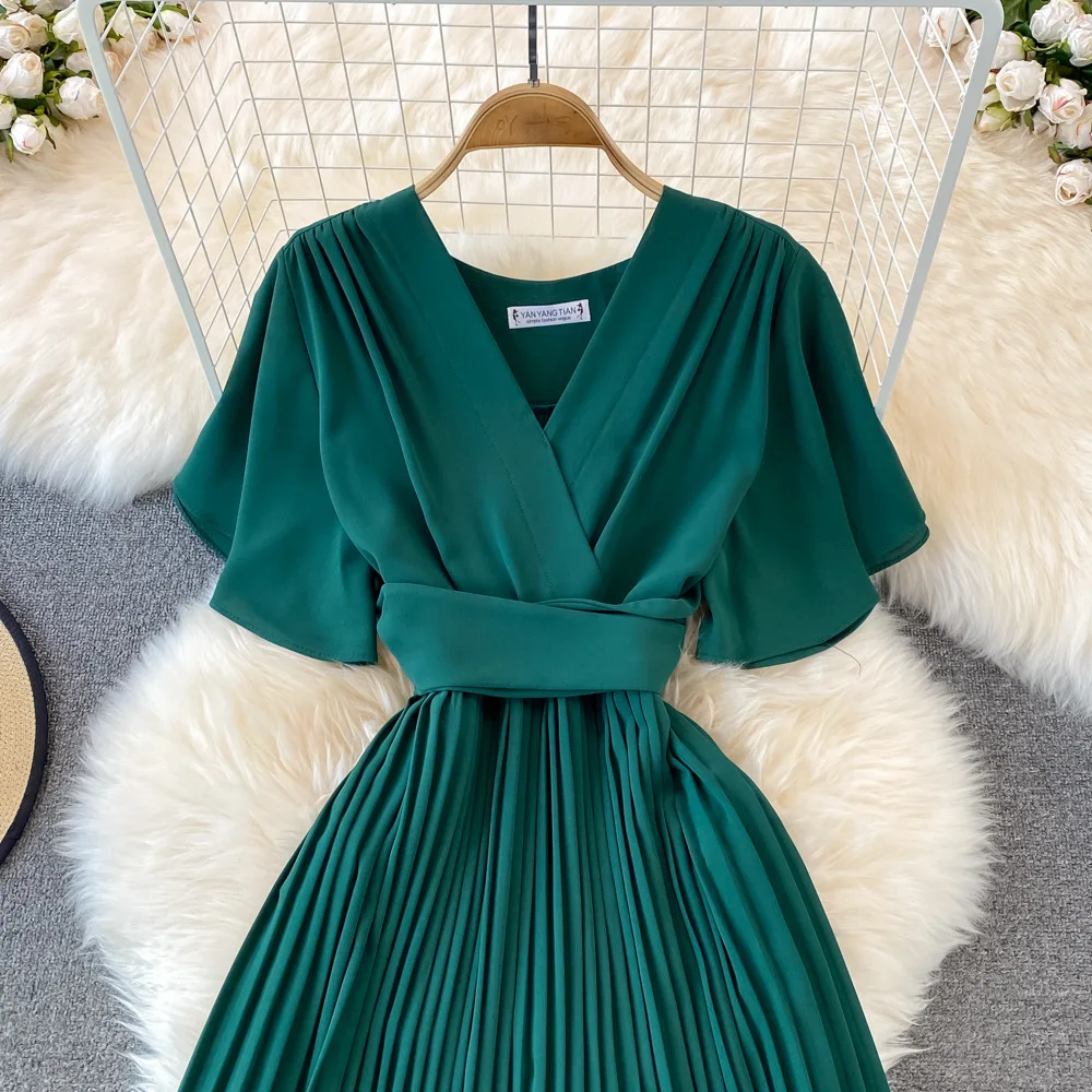 Women Elegant Pleated Dress Summer Short Sleeve V-neck Vintage Dresses Ladies A Line High Waisted Midi Dress
