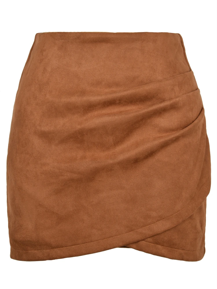 Ootddress Womens Faux Suede Skirt Official Ladies A-Line Mini Pencil Skirt For Women High Waist Classic Wrap Front Slit Skirts 2025