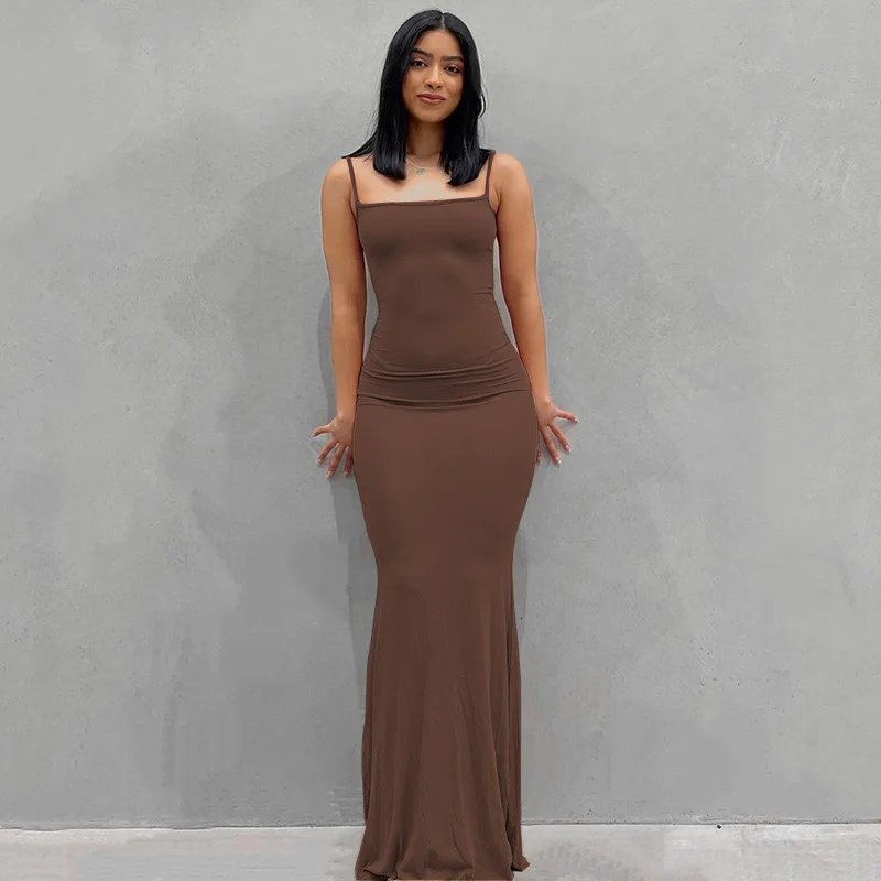 Dresses For Women 2025 Sexy Spaghetti Strap Black Long Dress Evening Y2k Sleeveless Solid Skinny Bodycon Maxi Vestidos