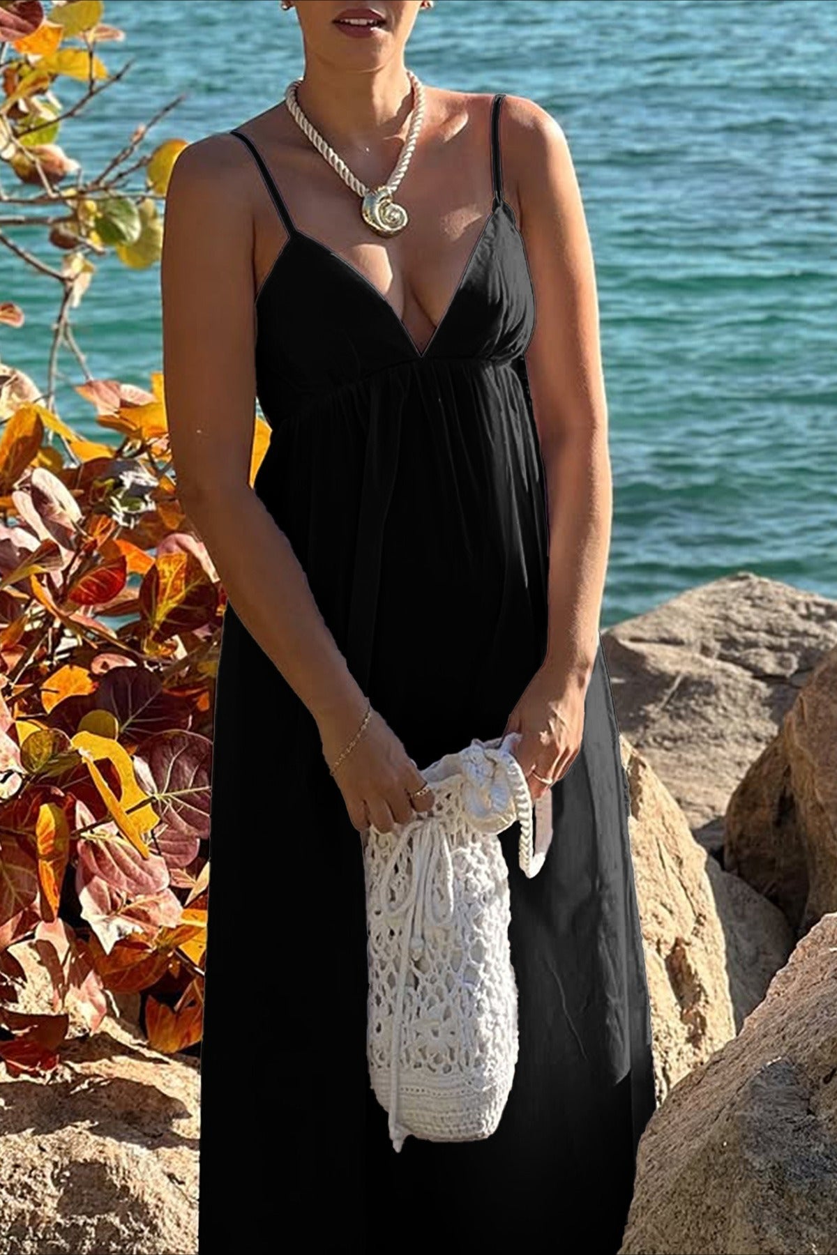 Spaghetti Strap Deep V Neck Empire Waist Flowy Maxi Dress