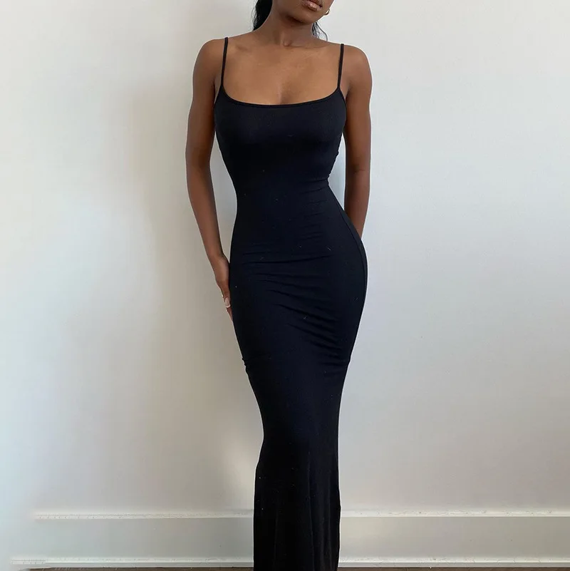 Dresses For Women 2025 Sexy Spaghetti Strap Black Long Dress Evening Y2k Sleeveless Solid Skinny Bodycon Maxi Vestidos