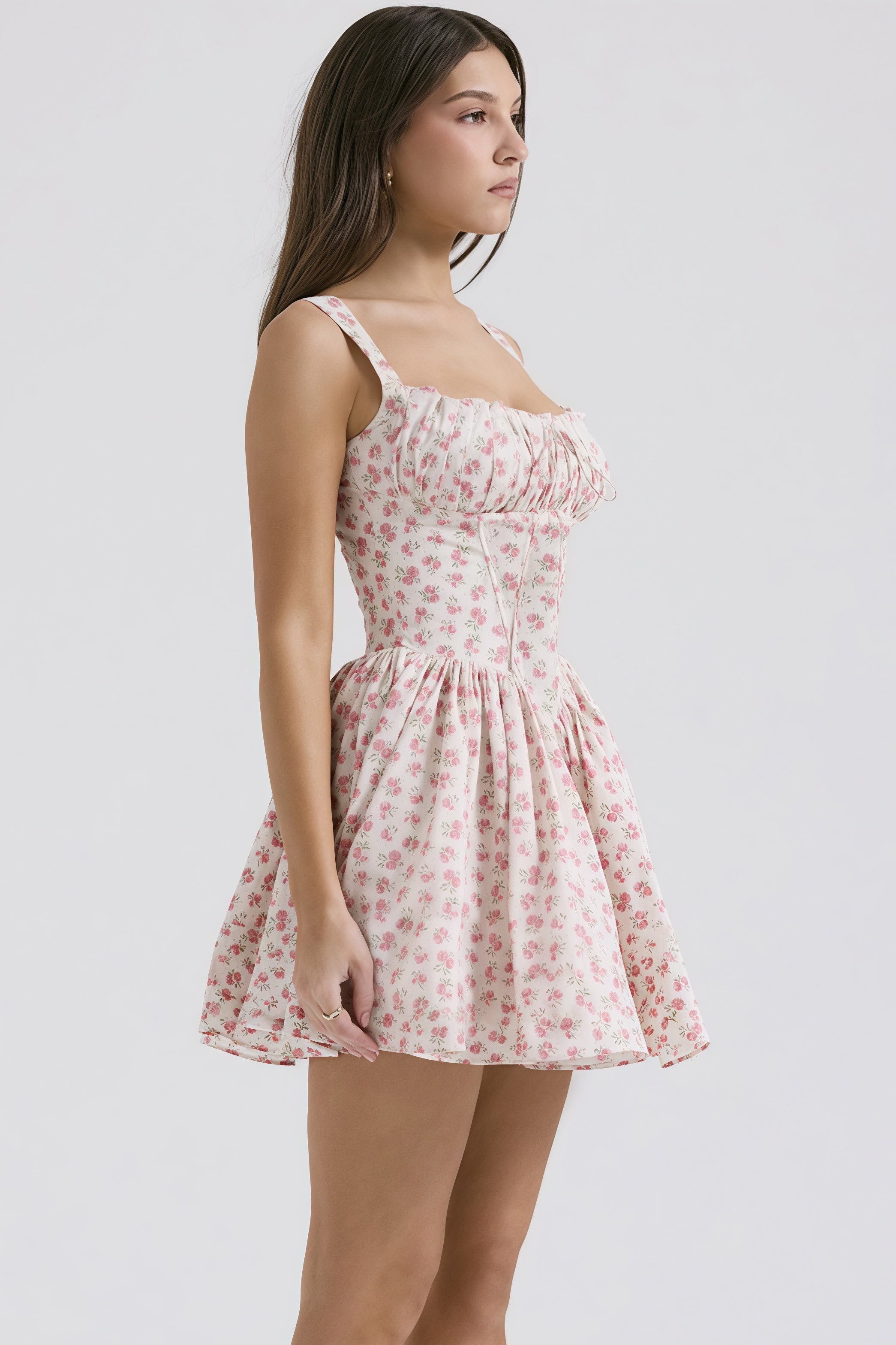 Corset Bodice Tie Front Ruffle Neckline Fit and Flare Floral Cami Mini Dress
