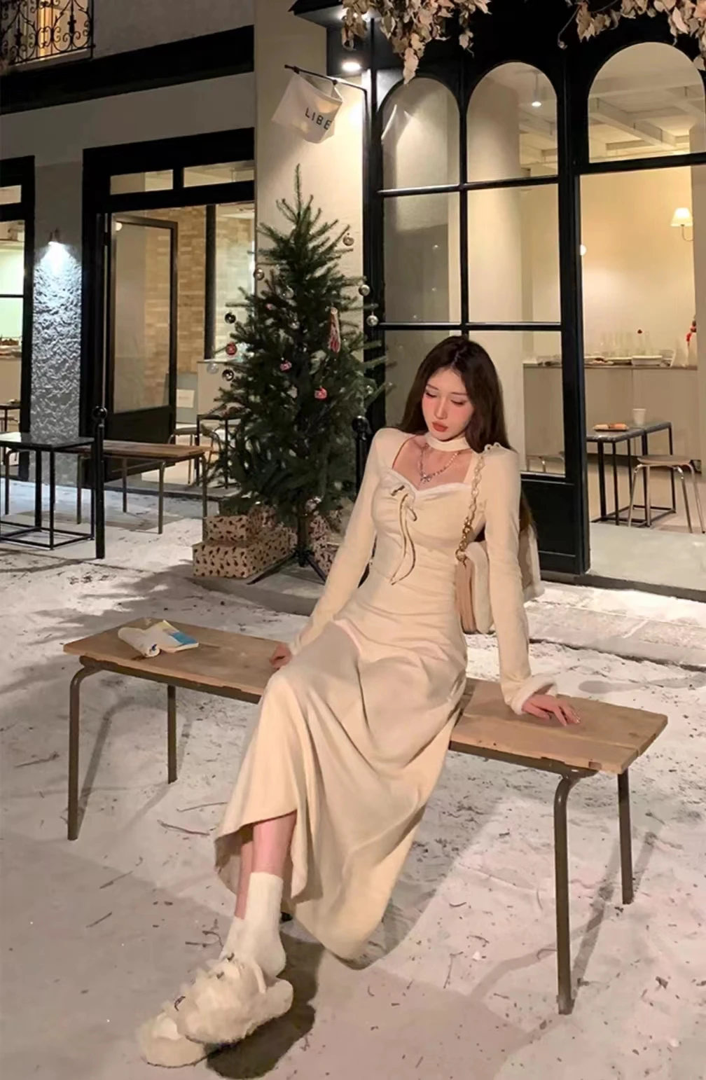 Autumn Winter Solid Knitted Dress Women Faux Fur Patchwork Halter Square Collar Long Sleeves Lace Up Slim French Vintage Vestido 8 Autumn Winter Solid Knitted Dress Women Faux Fur Patchwork Halter Square Collar Long Sleeves Lace Up Slim French Vintage Vestido