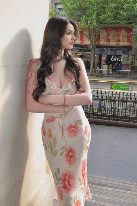 Floral Print Ruffle Strap Deep V-Neck Tie Detail Bodycon Midi Dress