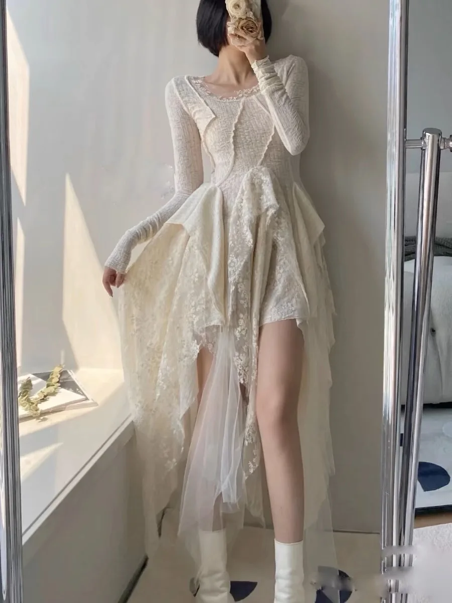 French Vintage Elegant Lace Dress Women 2025 Spring Summer New Irregular Splicing Long Bridesmaid Evening Party Dress Prom Robe