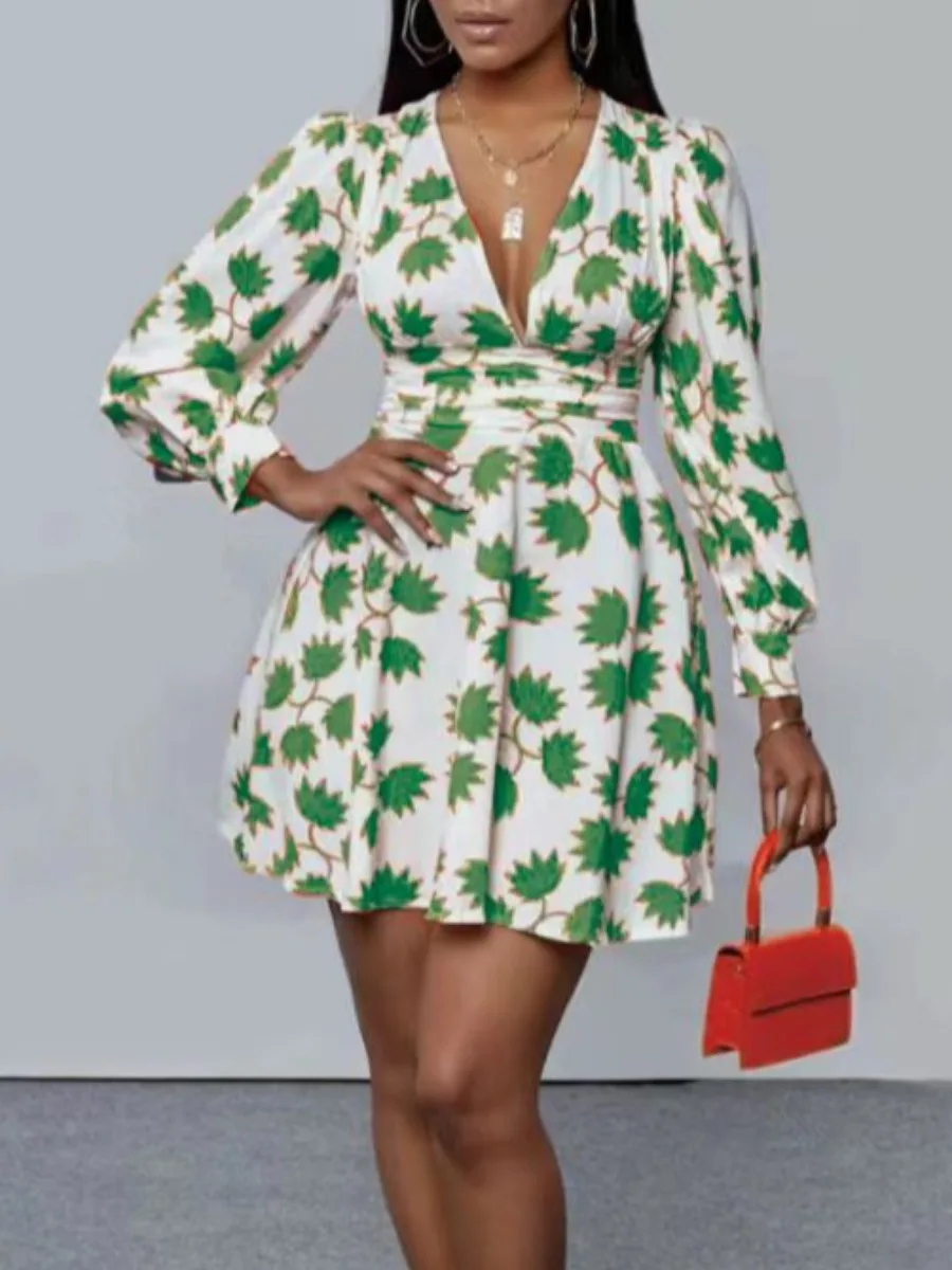 Sweet 2025 Fashion Dress Deep V Neck Floral Print Mini A Line Cleavage Women Clothings Summer Long Sleeve Lady Outfits