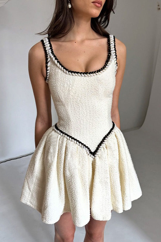 Spaghetti Strap Contrast Braid Trim Drop Waist Boucle Mini Dress