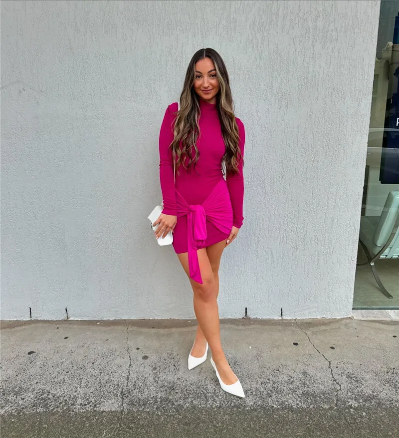 yMDI0ODk0MA%3D%3D.jpg Ootddress Turtleneck Long Sleeve Sexy Mini Dress For Women Autumn Fashion Ruched Draped Slim Fit Dress Ladies Elegant Dress