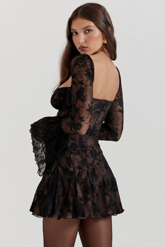 Floral Lace Tie Front Bell Sleeve Lettuce Hem Corset Mini Dress