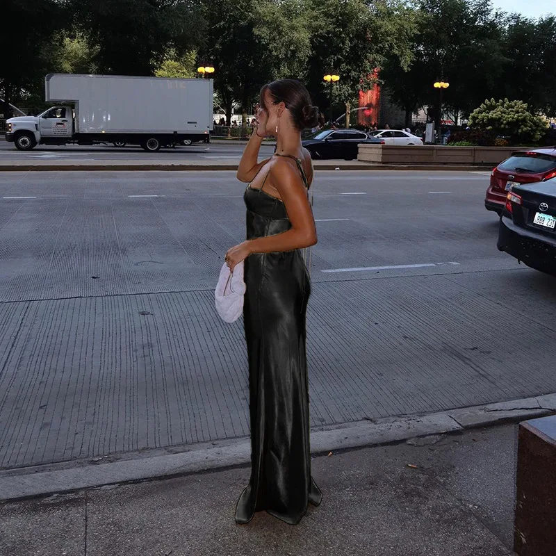 Ootddress Satin Bandage Dress Women Hollow Out Sleeveless Slim Long Dresses Femme Summer Party Elegant Sexy Backless Dress Woman