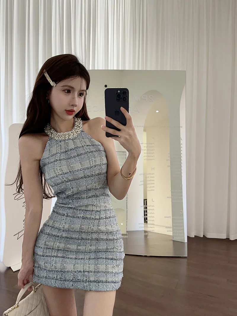 Sexy Halter Mini Dress Women Sleeveless Rhinestone Patchwork Shiny Slim Fashion Backless Evening Party Dresses Club Prom Vestido