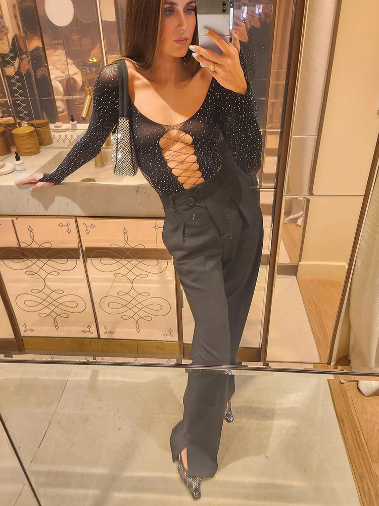 Ootddress Crystal Mesh Sexy Bodysuit Lingerie Black See Through Backless Hollow Out Bodysuit Nightclub Party Hot Workwear Playsuit