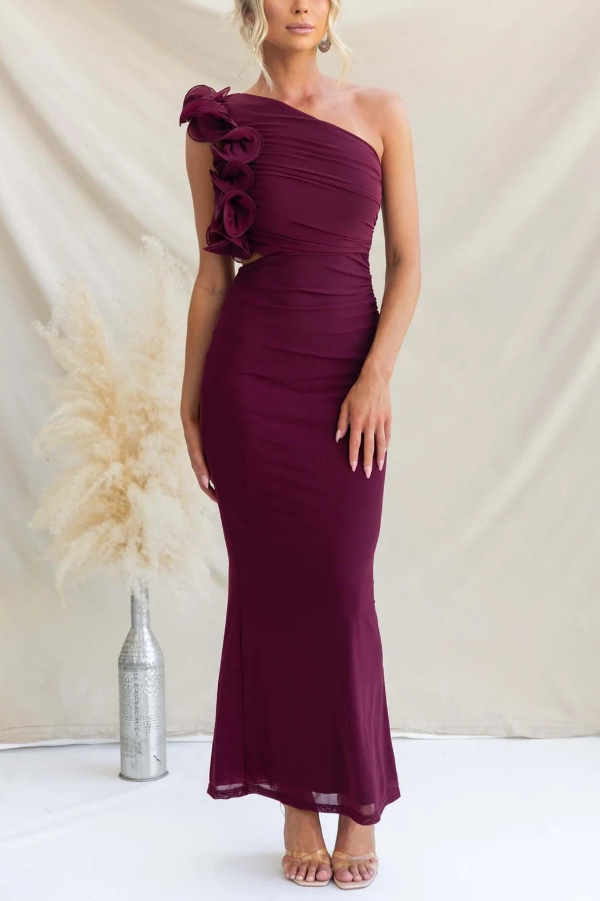 Fashionable Mesh Sleeveless One-shoulder Waist-revealing Maxi Dress