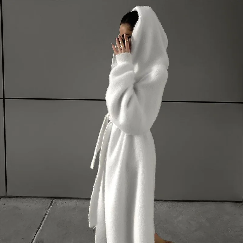 Ootddress Solid Loose Trench Coat For Women Lace Up Casual Hooded Wrap Coats Women's Street Fashion Winter Warm Coat Femme 2025 New