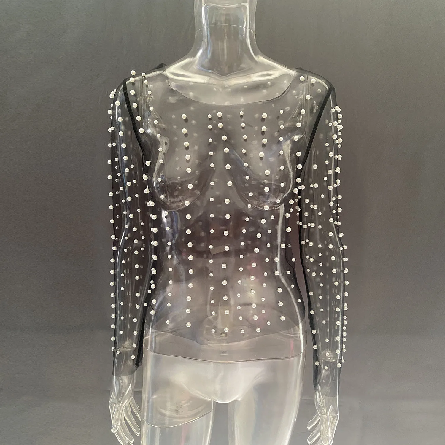 Ootddress Summer Long Sleeve Beach Top Mesh For Women Sheer Lace See-Through Crop top Pearls Cover up Slim Nude sexy Party Outfits