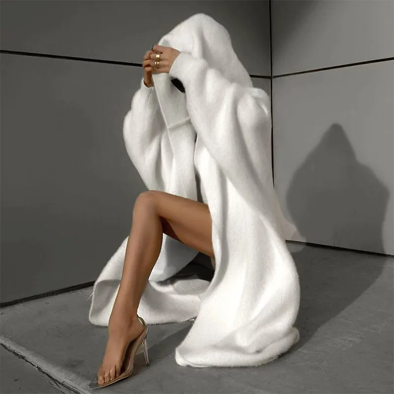 Ootddress Solid Loose Trench Coat For Women Lace Up Casual Hooded Wrap Coats Women's Street Fashion Winter Warm Coat Femme 2025 New