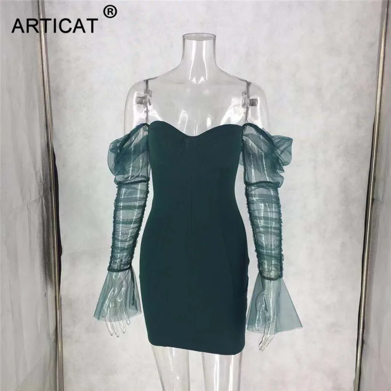 Ootddress Sexy Mesh Puff Sleeve Party Dress Women Low Collar Backless Patchwork Red Mini Dress Nightclub 2020 Spring Vestidos