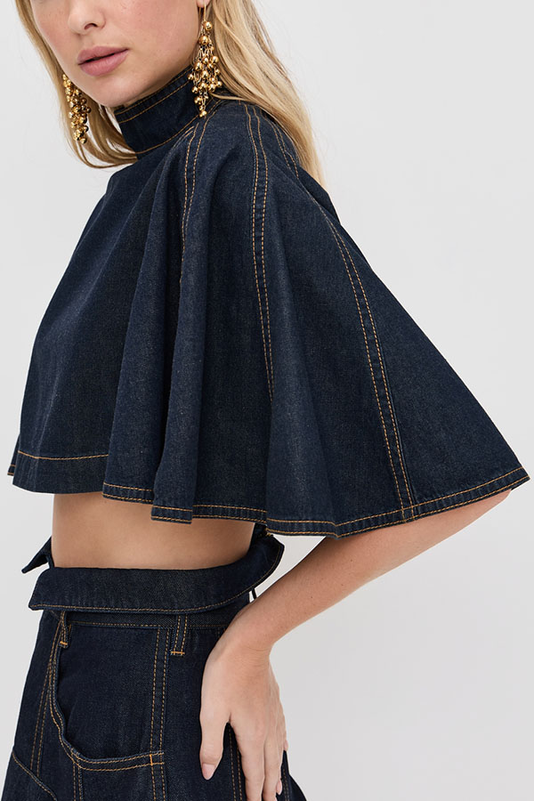Next Vacation Denim Mock Neck Short Flutter Sleeves Crop Top