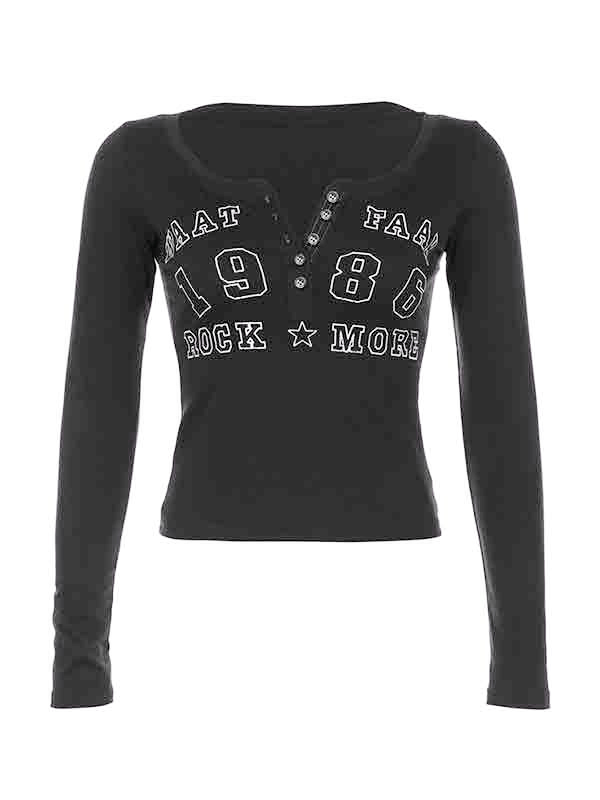 Number Letter Print Breasted Slim Long Sleeve Tee