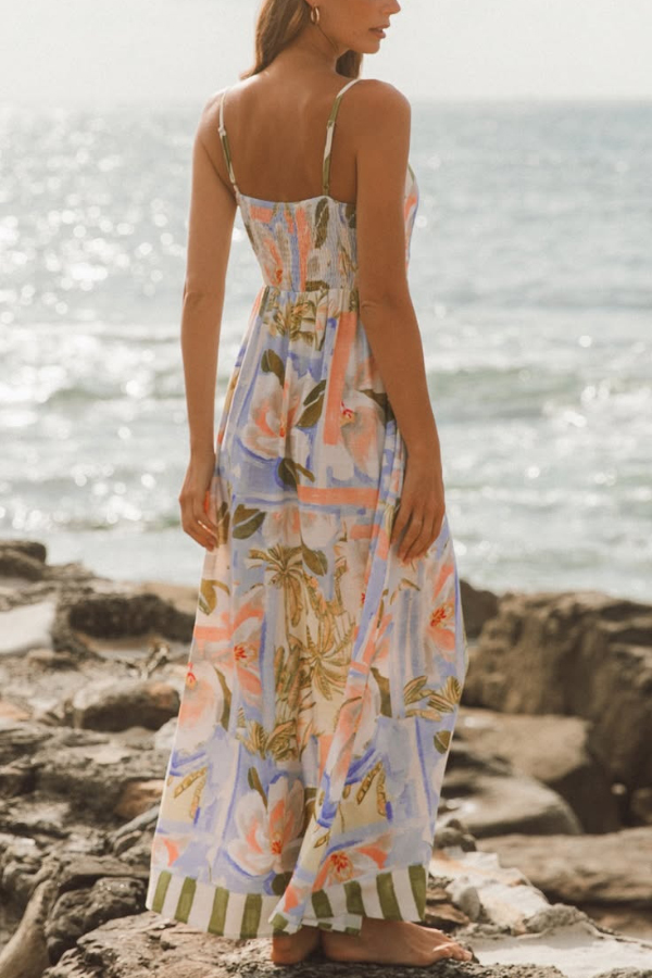 Unique Print Square Neck Spaghetti Strap Waist Casual Maxi Dress