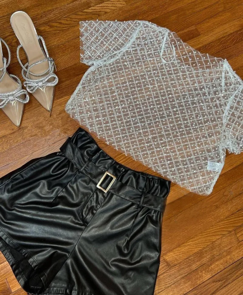 Ootddress Mesh Splice Sequins Cover-up Women Sexy See Through Short Sleeve Crop Tops Ladies 2025 Party Beach Shirts Cover Up Femme