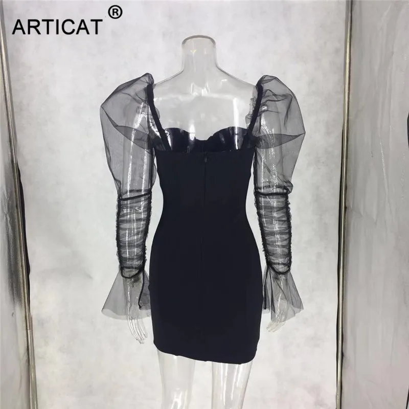 Ootddress Sexy Mesh Puff Sleeve Party Dress Women Low Collar Backless Patchwork Red Mini Dress Nightclub 2020 Spring Vestidos