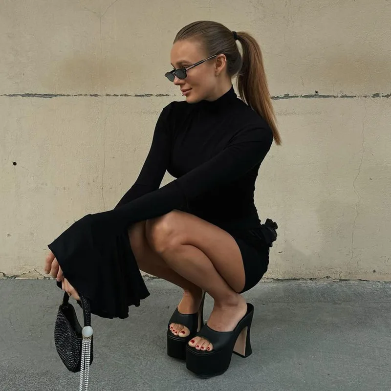 Ootddress Autumn Ruffled Patchwork Mini Dress Women's Long Sleeve High Waist Fashion Elegant Dress Ladies Skinny Party Dress