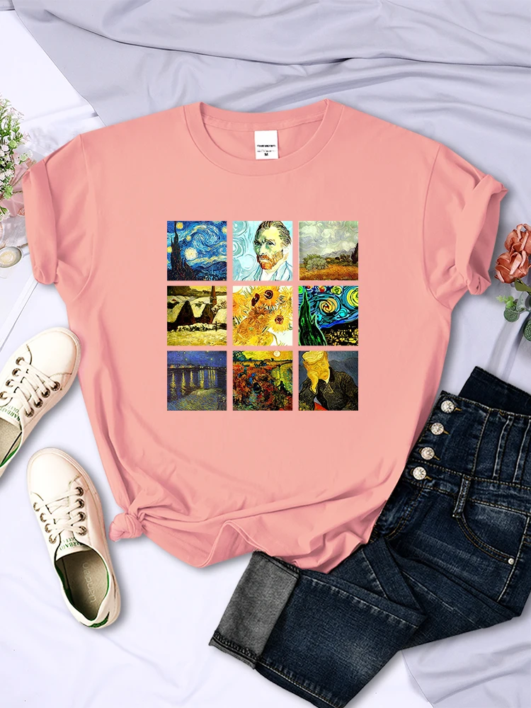 Van Gogh Works Sanskrit Printed Female Tops Breathable Casual T Shirts Fashion Summer Short Sleeve Women Crewneck Street Tshirt