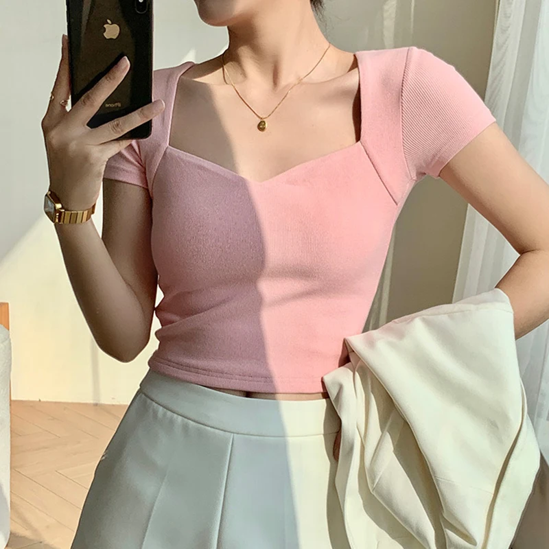 Women Square Neck Rib Crop T-shirt Summer Short Sleeve Crop Top Ladies Sexy Solid Color Short Tops Basic Black Tee Shirt