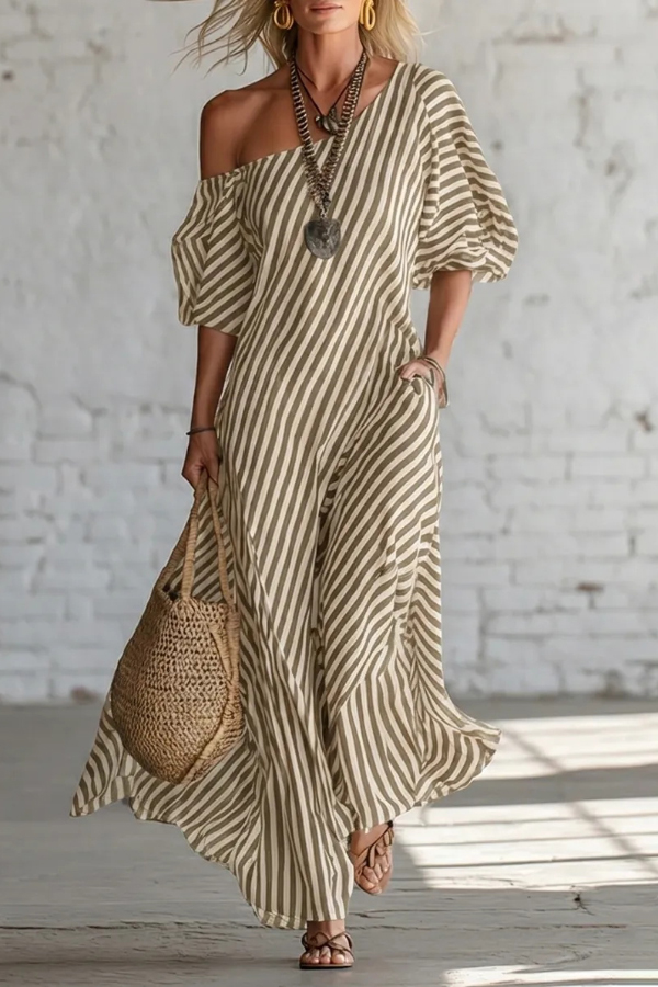 Fashionable Striped Print Slash Neck Puff Sleeve Casual Maxi Dress