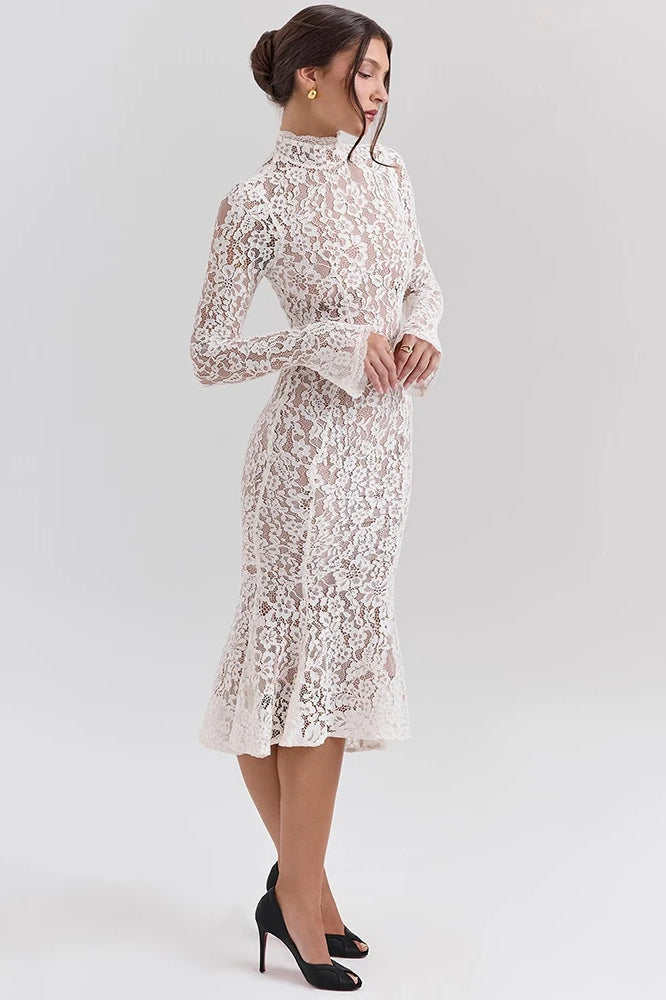 Floral Lace Mock Neck Bell Sleeve Mermaid Hem Midi Dress