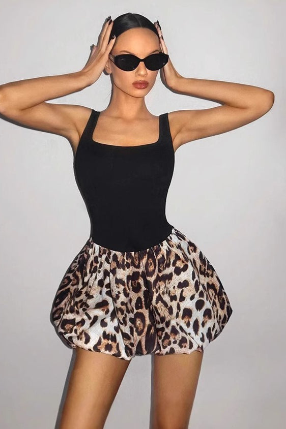 Square Neck Sleeveless Print Bubble Hem Mini Dress