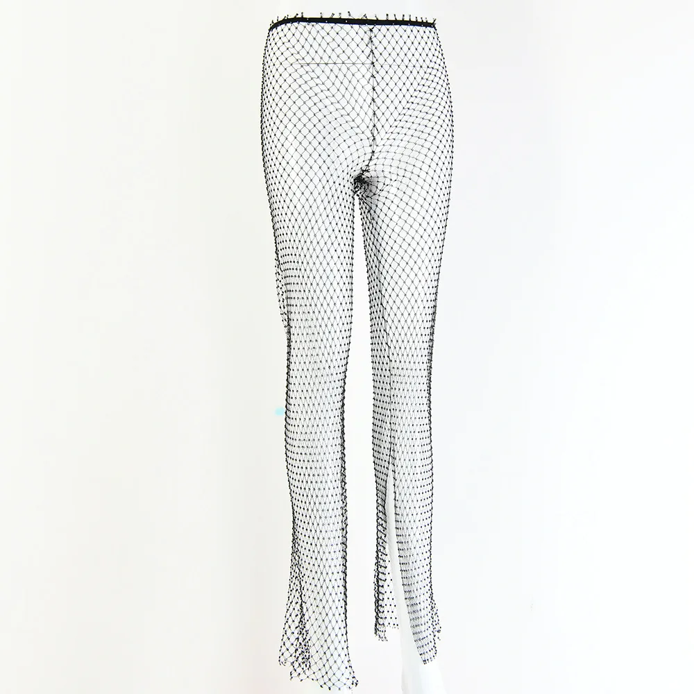 Ootddress Club Crystal Leggings Fashion Sexy Hollow Out Fishnet Diamond Women Pants Shiny Wide Leg Trousers Ladies Party Leggings