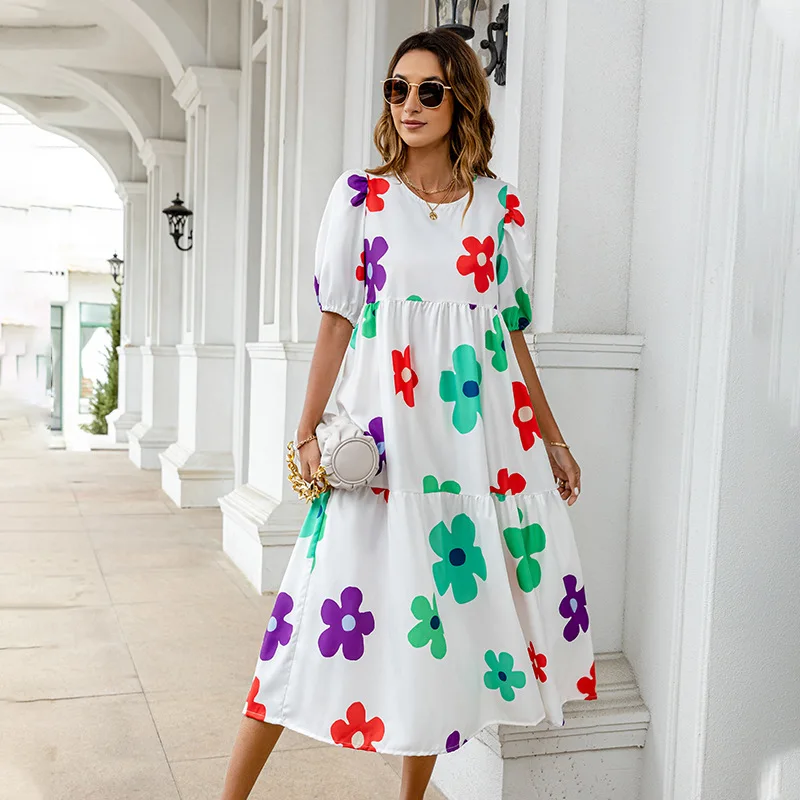 2025 Summer New Women's Print Dress Puff Short Sleeves Ruffles Loose A-line Midi Dresses Fashion Casual Beach Vacation Vestidos 20 undefined