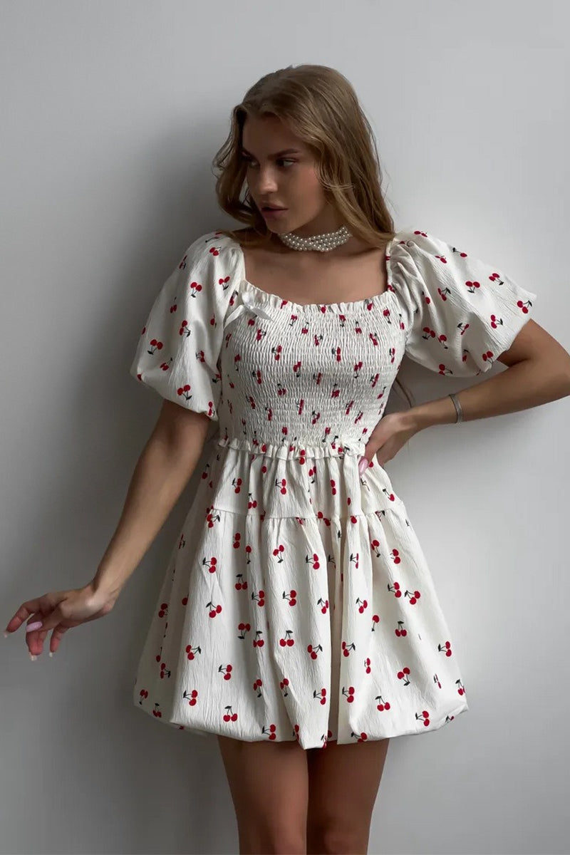 Fruit Print Smocked Off Shoulder Puff Sleeve Tiered Mini Dress