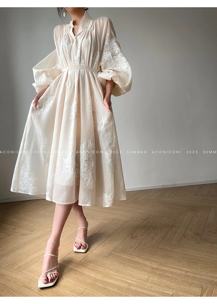 Spring Women Embroidery Evening Party Dresses Elegant Lantern Sleeve Vintage Casual A-Line Dress Female Fashion Vestidos Robe