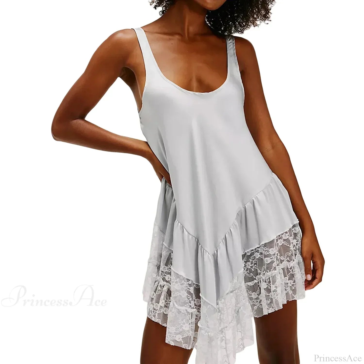 Scoop Neck Satin Lace Panel Handkerchief Hem Mini Dress