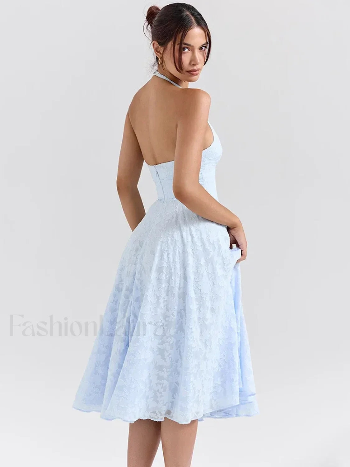 Blue Deep V Halter Pleated Midi Dress