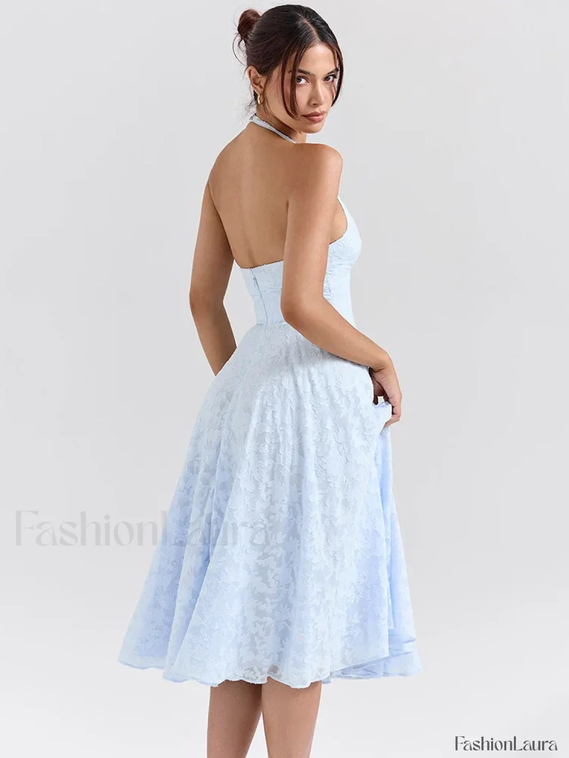 Blue Deep V Halter Pleated Midi Dress